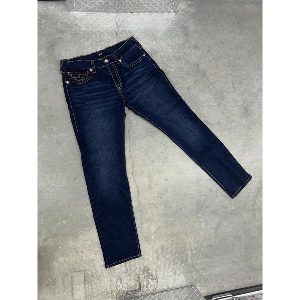 True Religion Rocco Deep Indigo US34 Relaxed Skinny Jeans W/ White Leather Patch